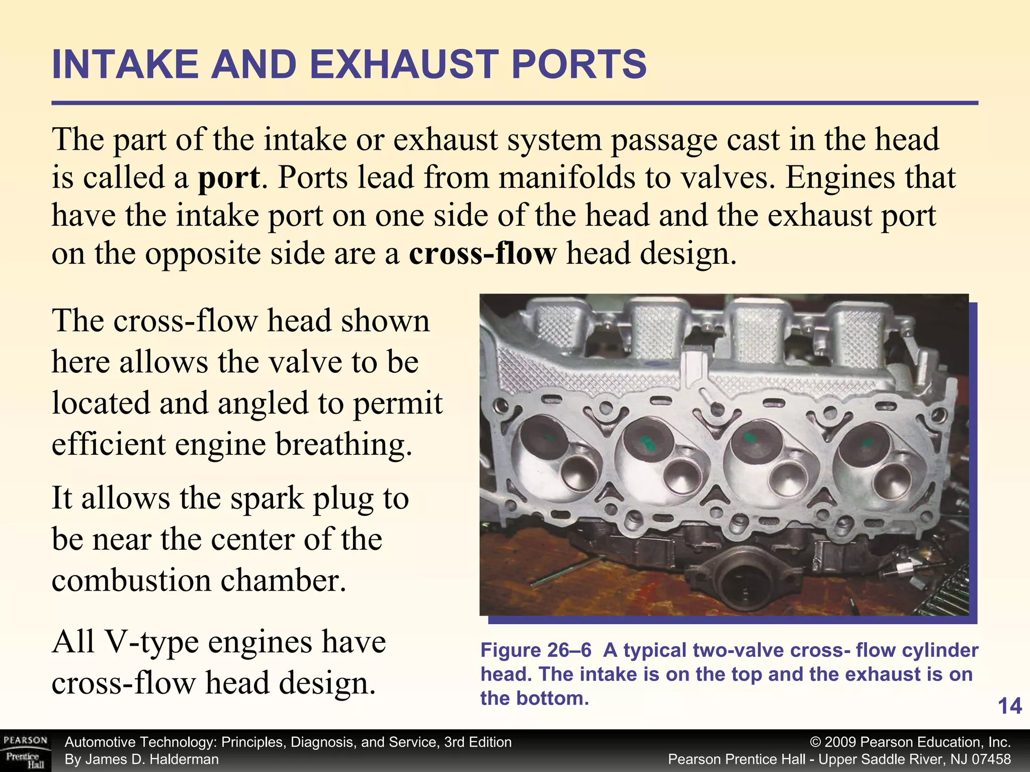INTAKE AND EXHAUST PORTS The part of the intake or exhaust system passage cast in the head is called a  port . Ports lead from manifolds to valves. Engines that have the intake port on one side of the head and the exhaust port on the opposite side are a  cross-flow  head design.  Figure 26–6  A typical two-valve cross- flow cylinder head. The intake is on the top and the exhaust is on the bottom. The cross-flow head shown here allows the valve to be located and angled to permit efficient engine breathing. It allows the spark plug to be near the center of the combustion chamber.  All V-type engines have cross-flow head design. 