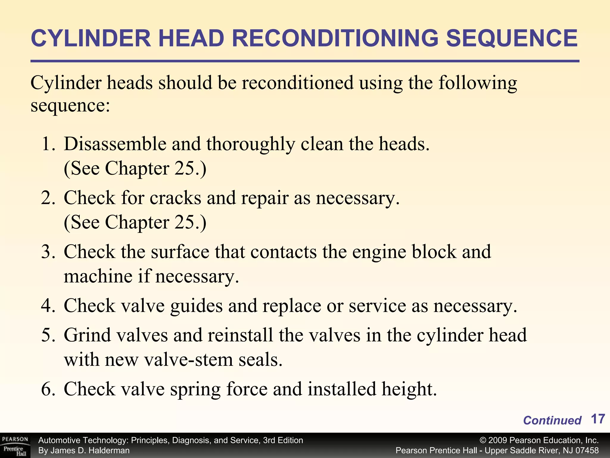 CYLINDER HEAD RECONDITIONING SEQUENCE Cylinder heads should be reconditioned using the following sequence: Continued Disassemble and thoroughly clean the heads. (See Chapter 25.) Check for cracks and repair as necessary. (See Chapter 25.)  Check the surface that contacts the engine block and machine if necessary. Check valve guides and replace or service as necessary. Grind valves and reinstall the valves in the cylinder head with new valve-stem seals. Check valve spring force and installed height. 