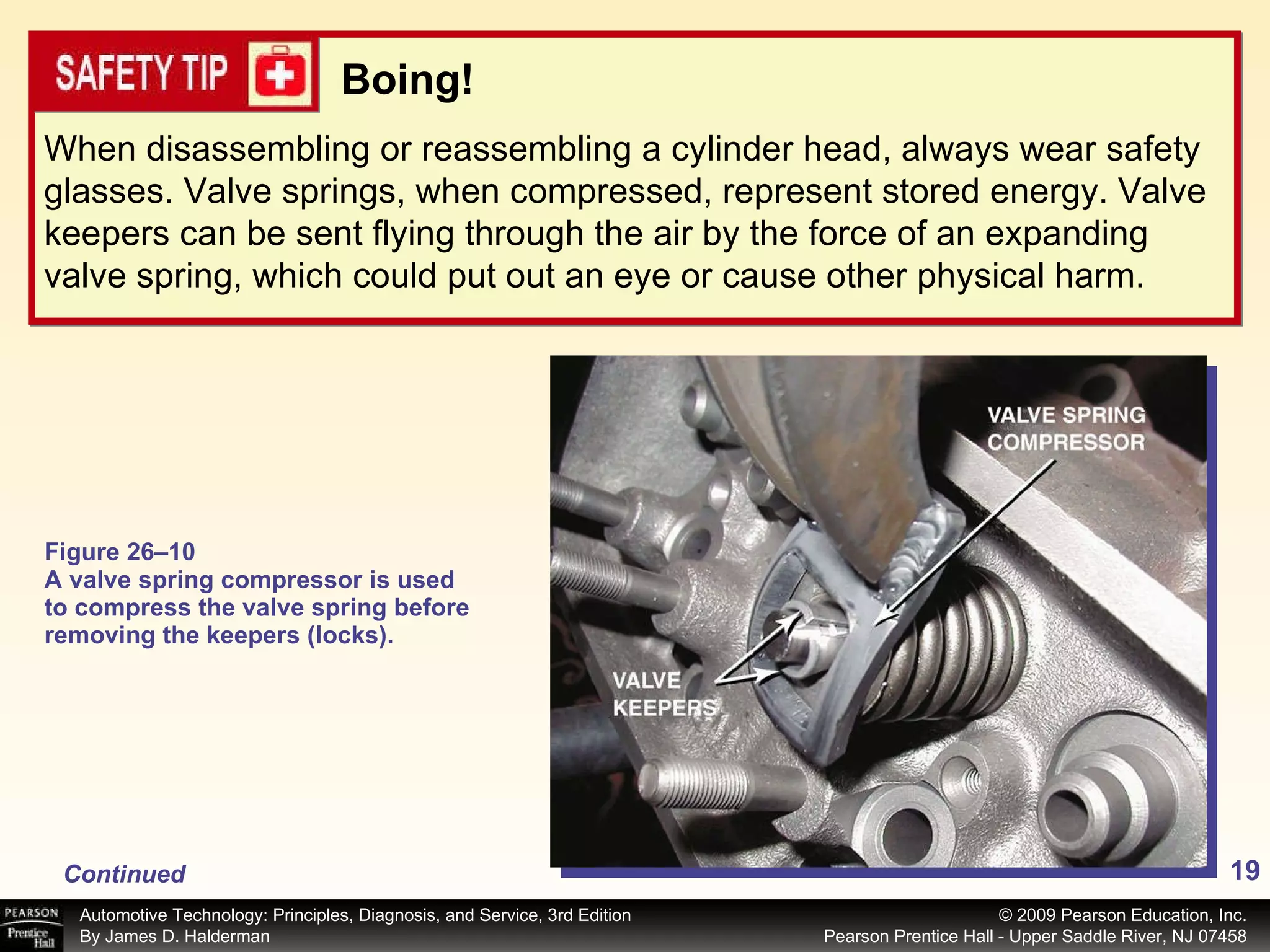 Figure 26–10 A valve spring compressor is used to compress the valve spring before removing the keepers (locks). When disassembling or reassembling a cylinder head, always wear safety glasses. Valve springs, when compressed, represent stored energy. Valve keepers can be sent flying through the air by the force of an expanding valve spring, which could put out an eye or cause other physical harm. Boing! Continued 