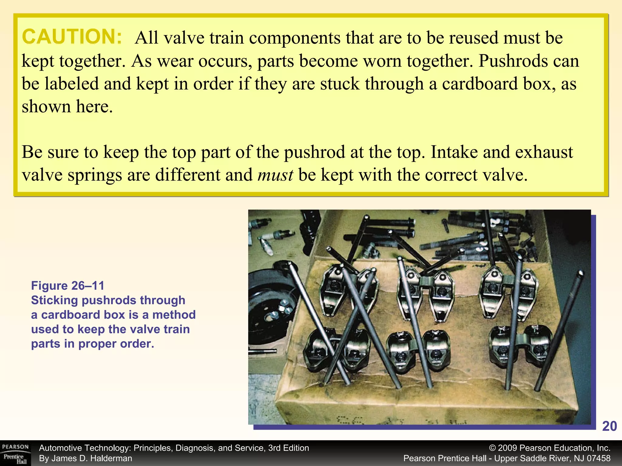 CAUTION:   All valve train components that are to be reused must be kept together. As wear occurs, parts become worn together. Pushrods can be labeled and kept in order if they are stuck through a cardboard box, as shown here. Be sure to keep the top part of the pushrod at the top. Intake and exhaust valve springs are different and  must  be kept with the correct valve. Figure 26–11 Sticking pushrods through a cardboard box is a method used to keep the valve train parts in proper order. 