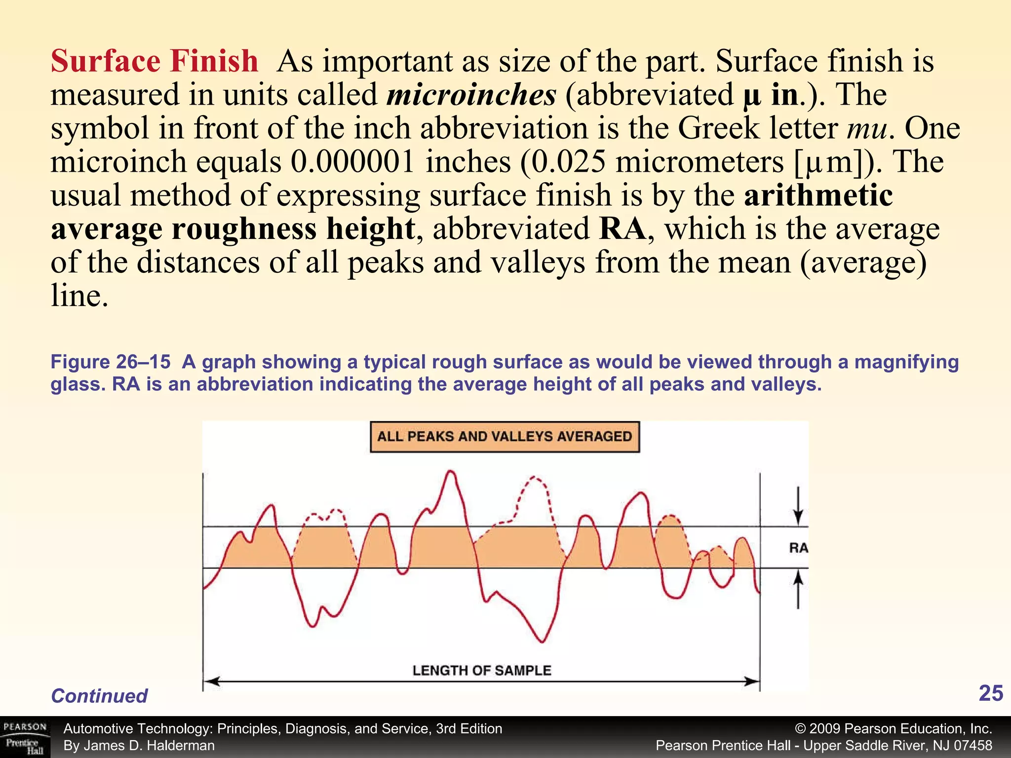 Surface Finish   As important as size of the part. Surface finish is measured in units called  microinches  (abbreviated  µ in .). The symbol in front of the inch abbreviation is the Greek letter  mu . One microinch equals 0.000001 inches (0.025 micrometers [µm]). The usual method of expressing surface finish is by the  arithmetic average roughness height , abbreviated  RA , which is the average of the distances of all peaks and valleys from the mean (average) line. Figure 26–15  A graph showing a typical rough surface as would be viewed through a magnifying glass. RA is an abbreviation indicating the average height of all peaks and valleys. Continued 