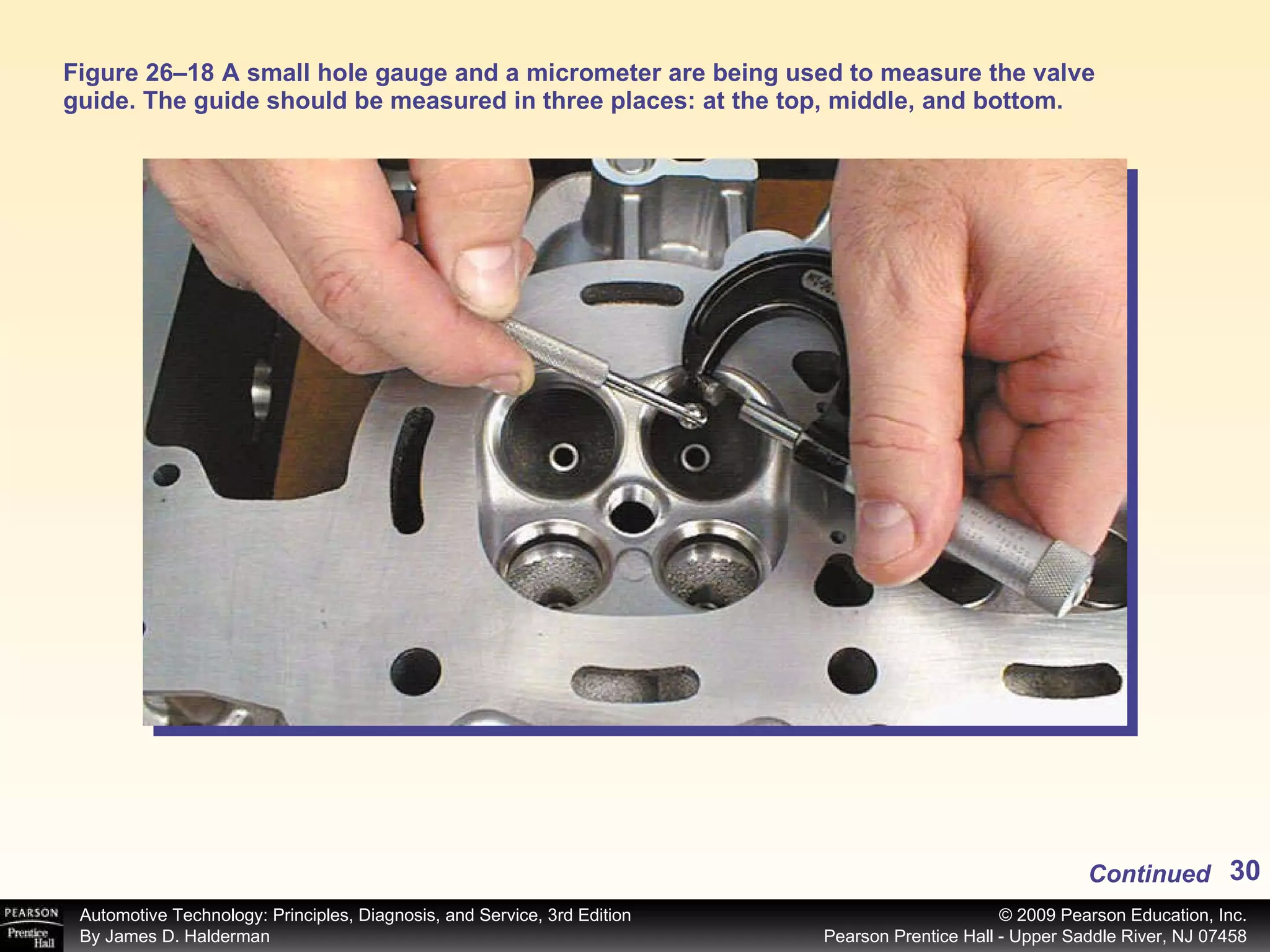 Figure 26–18 A small hole gauge and a micrometer are being used to measure the valve guide. The guide should be measured in three places: at the top, middle, and bottom. Continued 