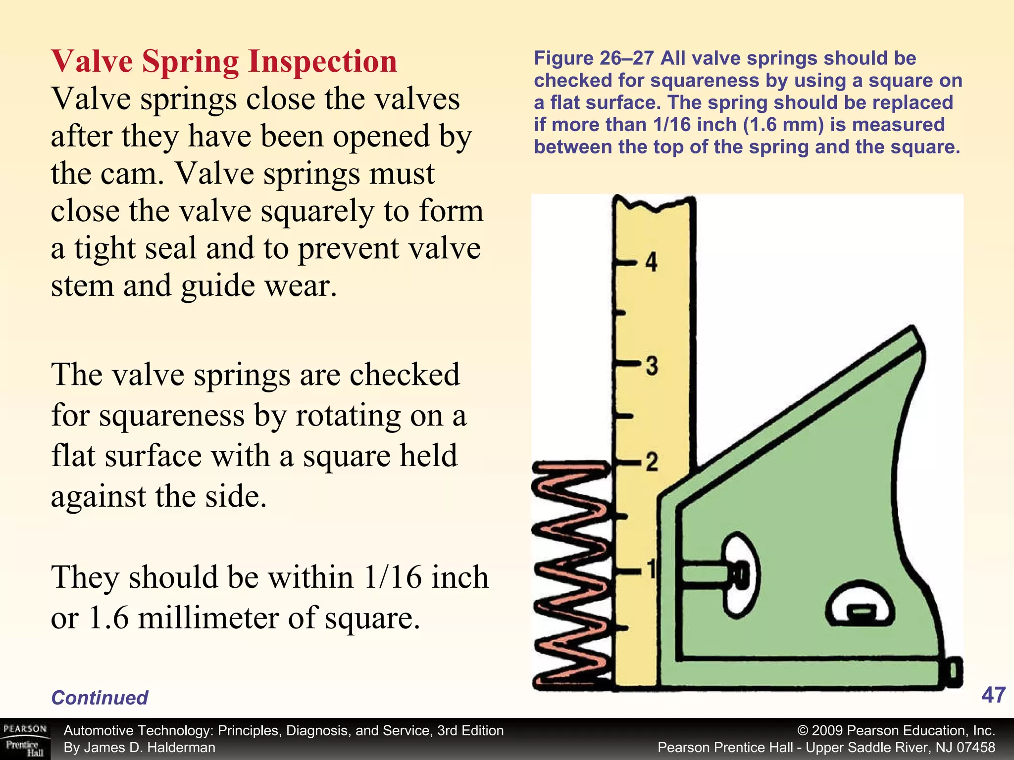 Figure 26–27 All valve springs should be checked for squareness by using a square on a flat surface. The spring should be replaced if more than 1/16 inch (1.6 mm) is measured between the top of the spring and the square. Valve Spring Inspection Valve springs close the valves after they have been opened by the cam. Valve springs must close the valve squarely to form a tight seal and to prevent valve stem and guide wear. The valve springs are checked for squareness by rotating on a flat surface with a square held against the side. They should be within 1/16 inch or 1.6 millimeter of square.  Continued 