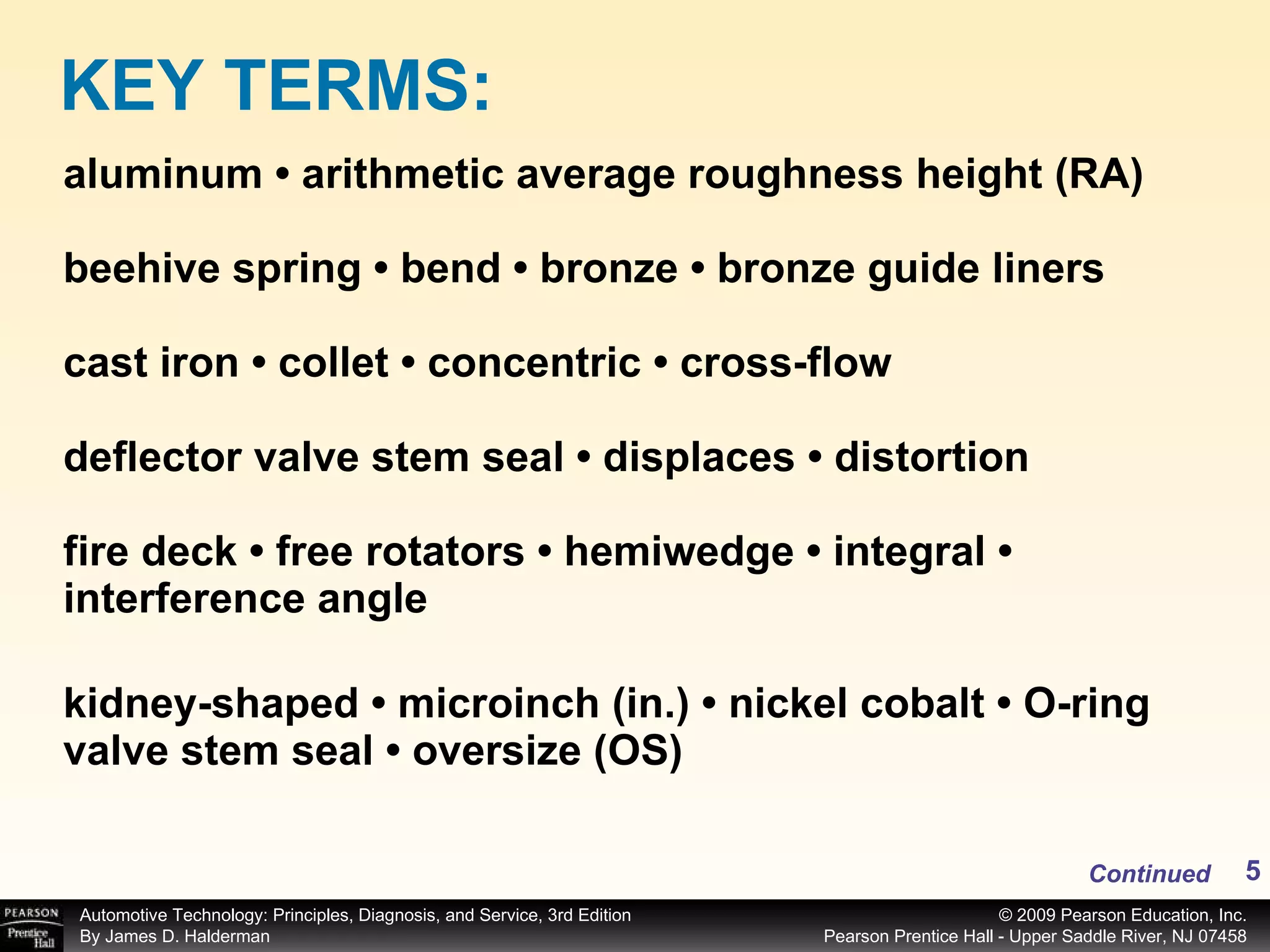 aluminum • arithmetic average roughness height (RA) beehive spring • bend • bronze • bronze guide liners  cast iron • collet • concentric • cross-flow deflector valve stem seal • displaces • distortion fire deck • free rotators • hemiwedge • integral •  interference angle kidney-shaped • microinch (in.) • nickel cobalt • O-ring valve stem seal • oversize (OS)  KEY TERMS: Continued 