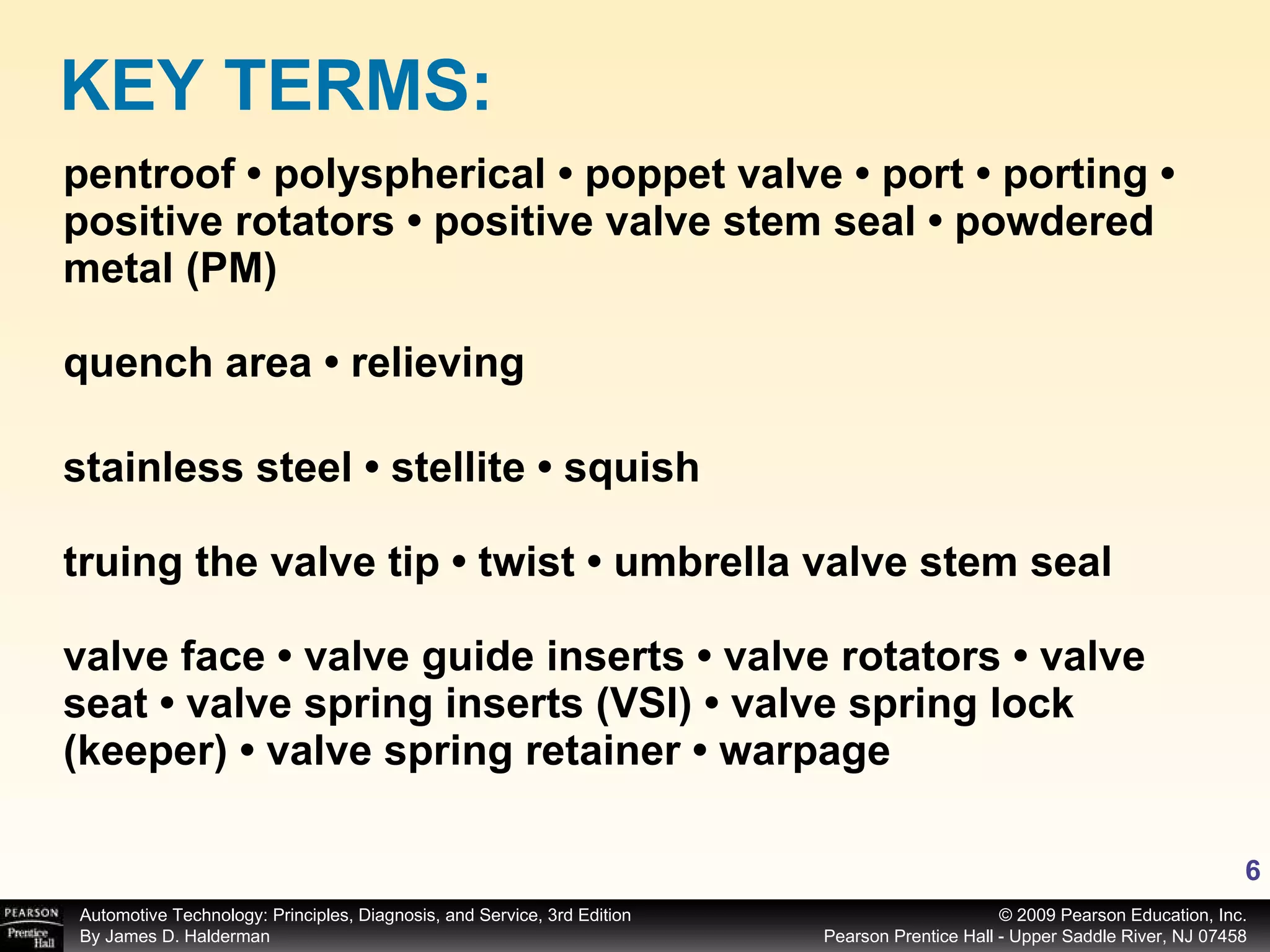 pentroof • polyspherical • poppet valve • port • porting • positive rotators • positive valve stem seal • powdered metal (PM) quench area • relieving  stainless steel • stellite • squish truing the valve tip • twist • umbrella valve stem seal  valve face • valve guide inserts • valve rotators • valve seat • valve spring inserts (VSI) • valve spring lock (keeper) • valve spring retainer • warpage KEY TERMS: 