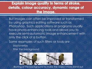  But Images can often be improved or transformed
by using graphics editing software such as
Photoshop. Such applications or programs usually
have photo-enhancing tools and allows you to
execute semi-automatic image enhancement with
only the click of a button.
 Some examples of such filters or tools are
o blur/overlay
o filter the background
Blurring of the background to make the object more stand out
 