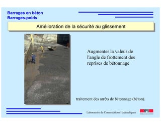 ÉC OLE POLY TEC HNIQUE
FÉDÉRALE D E LAUSANNE
Laboratoire de Constructions Hydrauliques
Barrages en béton
Barrages-poids
Amélioration de la sécurité au glissementAmélioration de la sécurité au glissement
traitement des arrêts de bétonnage (béton).
Augmenter la valeur de
l'angle de frottement des
reprises de bétonnage
 