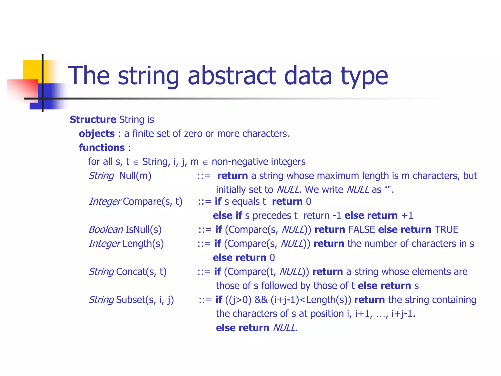 The string abstract data type
Structure String is
objects : a finite set of zero or more characters.
functions :
for all s, t  String, i, j, m  non-negative integers
String Null(m) ::= return a string whose maximum length is m characters, but
initially set to NULL. We write NULL as “”.
Integer Compare(s, t) ::= if s equals t return 0
else if s precedes t return -1 else return +1
Boolean IsNull(s) ::= if (Compare(s, NULL)) return FALSE else return TRUE
Integer Length(s) ::= if (Compare(s, NULL)) return the number of characters in s
else return 0
String Concat(s, t) ::= if (Compare(t, NULL)) return a string whose elements are
those of s followed by those of t else return s
String Subset(s, i, j) ::= if ((j>0) && (i+j-1)<Length(s)) return the string containing
the characters of s at position i, i+1, …, i+j-1.
else return NULL.
 