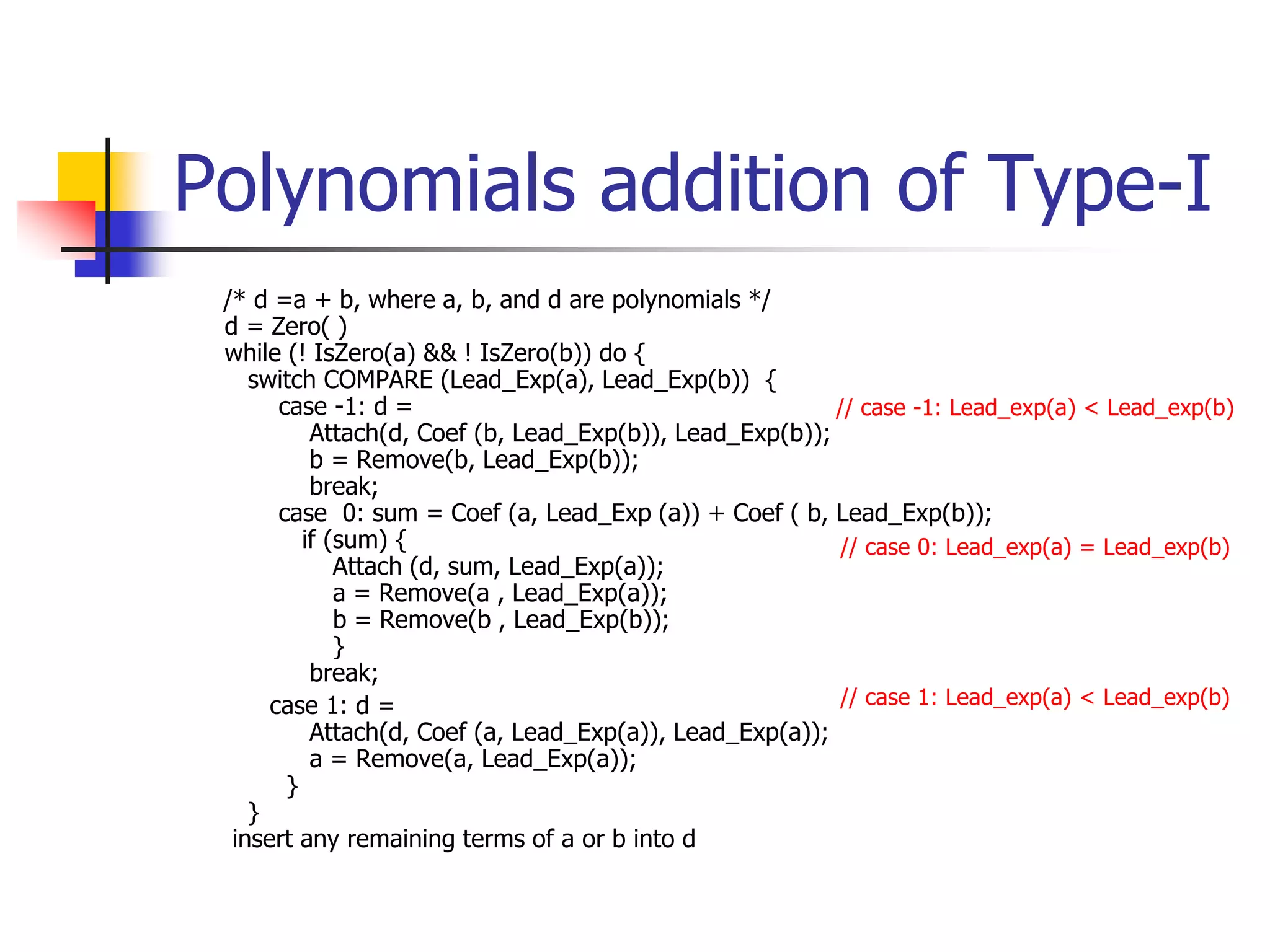 Polynomials addition of Type-I
/* d =a + b, where a, b, and d are polynomials */
d = Zero( )
while (! IsZero(a) && ! IsZero(b)) do {
switch COMPARE (Lead_Exp(a), Lead_Exp(b)) {
case -1: d =
Attach(d, Coef (b, Lead_Exp(b)), Lead_Exp(b));
b = Remove(b, Lead_Exp(b));
break;
case 0: sum = Coef (a, Lead_Exp (a)) + Coef ( b, Lead_Exp(b));
if (sum) {
Attach (d, sum, Lead_Exp(a));
a = Remove(a , Lead_Exp(a));
b = Remove(b , Lead_Exp(b));
}
break;
case 1: d =
Attach(d, Coef (a, Lead_Exp(a)), Lead_Exp(a));
a = Remove(a, Lead_Exp(a));
}
}
insert any remaining terms of a or b into d
// case -1: Lead_exp(a) < Lead_exp(b)
// case 0: Lead_exp(a) = Lead_exp(b)
// case 1: Lead_exp(a) < Lead_exp(b)
 