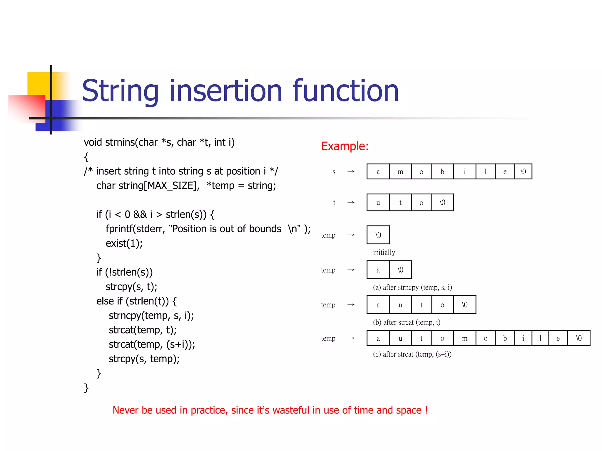 String insertion function
void strnins(char *s, char *t, int i)
{
/* insert string t into string s at position i */
char string[MAX_SIZE], *temp = string;
if (i < 0 && i > strlen(s)) {
fprintf(stderr, ”Position is out of bounds n” );
exist(1);
}
if (!strlen(s))
strcpy(s, t);
else if (strlen(t)) {
strncpy(temp, s, i);
strcat(temp, t);
strcat(temp, (s+i));
strcpy(s, temp);
}
}
s → a m o b i l e 0
t → u t o 0
temp → 0
initially
temp → a 0
(a) after strncpy (temp, s, i)
temp → a u t o 0
(b) after strcat (temp, t)
temp → a u t o m o b i l e 0
(c) after strcat (temp, (s+i))
Example:
Never be used in practice, since it’s wasteful in use of time and space !
 