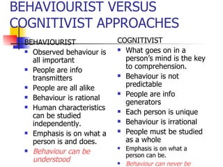 BEHAVIOURIST VERSUS COGNITIVIST APPROACHES BEHAVIOURIST Observed behaviour is all important People are info transmitters People are all alike Behaviour is rational Human characteristics can be studied independently. Emphasis is on what a person is and does. Behaviour can be understood COGNITIVIST What goes on in a person’s mind is the key to comprehension. Behaviour is not predictable People are info generators Each person is unique Behaviour is irrational People must be studied as a whole Emphasis is on what a person can be. Behaviour can never be completely understood . 