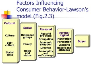 Factors Influencing  Consumer Behavior-Lawson’s model (Fig.2.3) Social Reference groups Family Roles and status Personal Age and life-cycle Occupation Economic situation Lifestyle Personality and self-concept Psycho- logical Motivation Perception Learning Beliefs and attitudes Buyer Culture Sub- culture Social class Cultural 