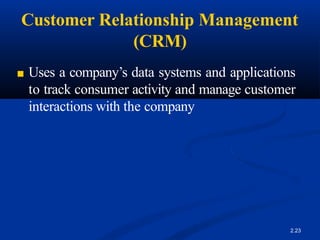 Customer Relationship Management
(CRM)
2.23
■ Uses a company’s data systems and applications
to track consumer activity and manage customer
interactions with the company
 