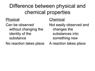 Difference between physical and
chemical properties
Physical
Can be observed
without changing the
identity of the
substance
No reaction takes place
Chemical
Not easily observed and
changes the
substances into
something new
A reaction takes place
 
