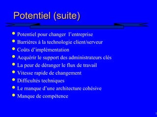 12
Potentiel (suite)
Potentiel (suite)
 Potentiel pour changer l’entreprise
 Barrières à la technologie client/serveur
 Coûts d’implémentation
 Acquérir le support des administrateurs clés
 La peur de déranger le flux de travail
 Vitesse rapide de changement
 Difficultés techniques
 Le manque d’une architecture cohésive
 Manque de compétence
 