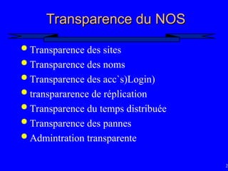 20
Transparence du NOS
Transparence du NOS
 Transparence des sites
 Transparence des noms
 Transparence des acc`s)Login)
 transpararence de réplication
 Transparence du temps distribuée
 Transparence des pannes
 Admintration transparente
 