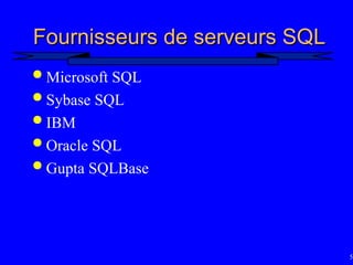 51
Fournisseurs de serveurs SQL
Fournisseurs de serveurs SQL
 Microsoft SQL
 Sybase SQL
 IBM
 Oracle SQL
 Gupta SQLBase
 