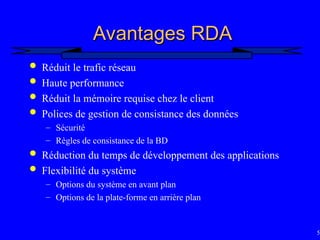 55
Avantages RDA
Avantages RDA
 Réduit le trafic réseau
 Haute performance
 Réduit la mémoire requise chez le client
 Polices de gestion de consistance des données
– Sécurité
– Règles de consistance de la BD
 Réduction du temps de développement des applications
 Flexibilité du système
– Options du système en avant plan
– Options de la plate-forme en arrière plan
 