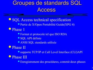 57
Groupes de standards SQL
Groupes de standards SQL
Access
Access
 SQL Access technical specification
 Partie de X/Open Portabilité Guide(XPG 4)
 Phase 1
 Format et protocole tel que ISO RDA
 SQL API définie
 ANSI SQL standards utilisée
 Phase II
 supporte TCP/IP et Call Level Interface (CLI)API
 Phase III
 Enregistrement des procédures, commit deux phases
 