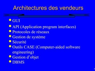 97
Architectures des vendeurs
Architectures des vendeurs
 GUI
 API (Application program interfaces)
 Protocoles de réseaux
 Gestion de système
 Sécurité
 Outils CASE (Computer-aided software
engineering)
 Gestion d’objet
 DBMS
 