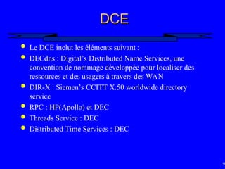 99
DCE
DCE
 Le DCE inclut les éléments suivant :
 DECdns : Digital’s Distributed Name Services, une
convention de nommage développée pour localiser des
ressources et des usagers à travers des WAN
 DIR-X : Siemen’s CCITT X.50 worldwide directory
service
 RPC : HP(Apollo) et DEC
 Threads Service : DEC
 Distributed Time Services : DEC
 