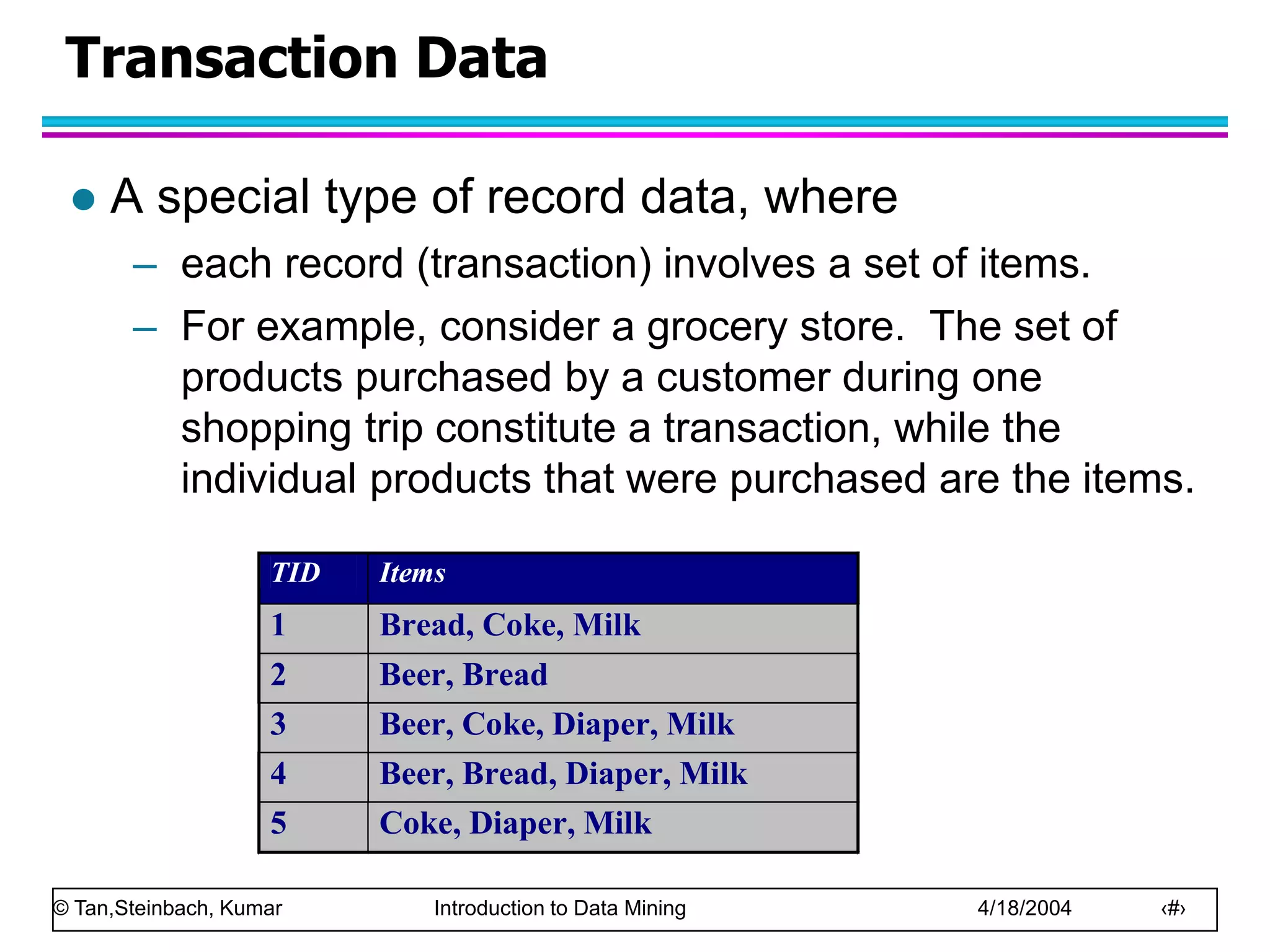 © Tan,Steinbach, Kumar Introduction to Data Mining 4/18/2004 ‹#›
Transaction Data
 A special type of record data, where
– each record (transaction) involves a set of items.
– For example, consider a grocery store. The set of
products purchased by a customer during one
shopping trip constitute a transaction, while the
individual products that were purchased are the items.
TID Items
1 Bread, Coke, Milk
2 Beer, Bread
3 Beer, Coke, Diaper, Milk
4 Beer, Bread, Diaper, Milk
5 Coke, Diaper, Milk
 