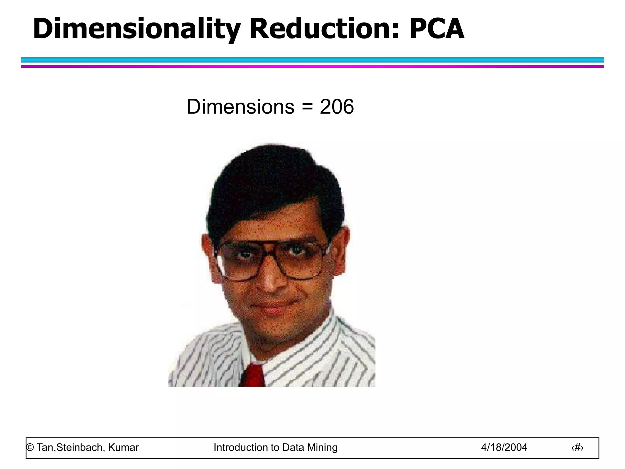 © Tan,Steinbach, Kumar Introduction to Data Mining 4/18/2004 ‹#›
Dimensions = 10
Dimensions = 40
Dimensions = 80
Dimensions = 120
Dimensions = 160
Dimensions = 206
Dimensionality Reduction: PCA
 