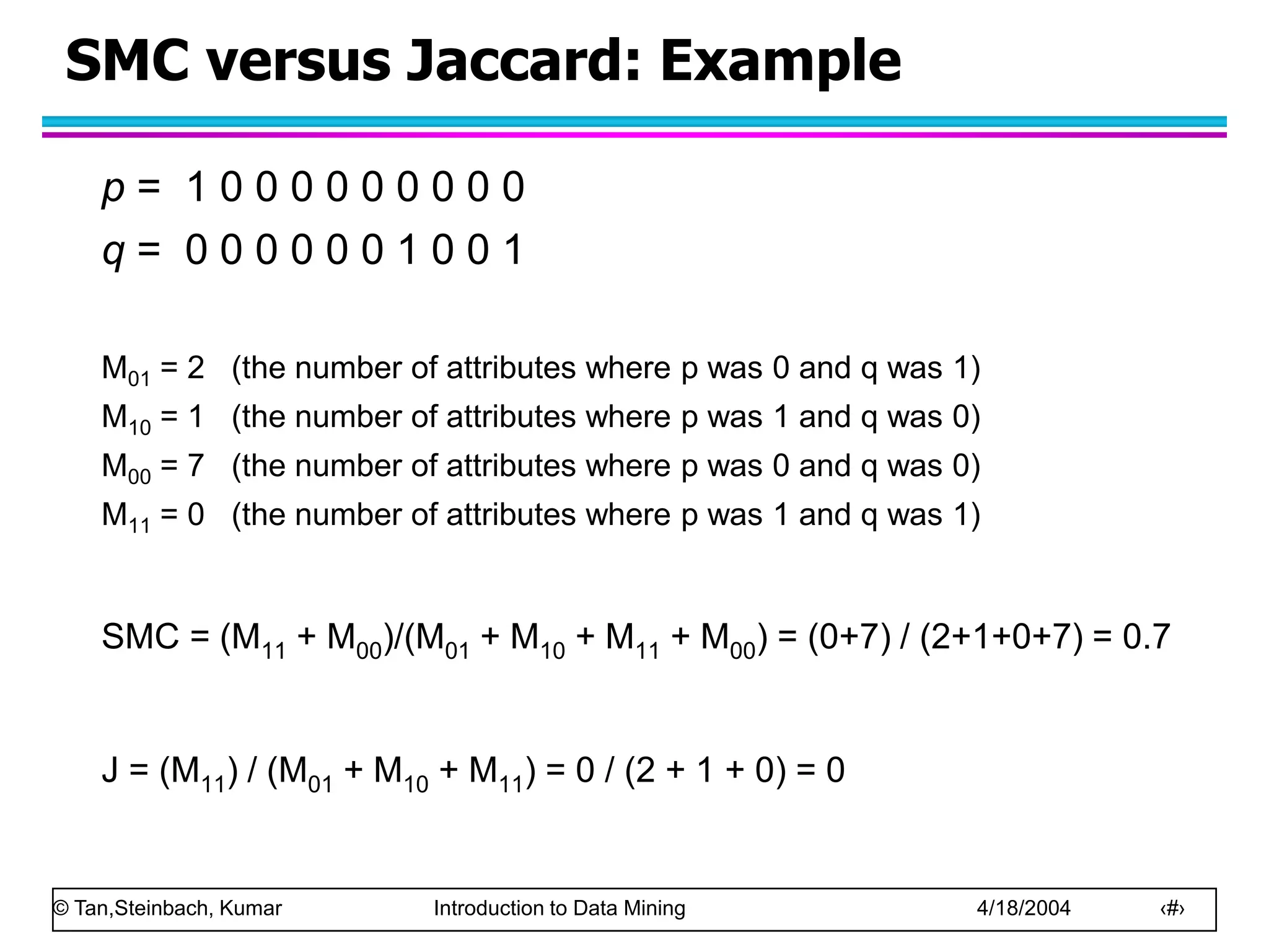 © Tan,Steinbach, Kumar Introduction to Data Mining 4/18/2004 ‹#›
SMC versus Jaccard: Example
p = 1 0 0 0 0 0 0 0 0 0
q = 0 0 0 0 0 0 1 0 0 1
M01 = 2 (the number of attributes where p was 0 and q was 1)
M10 = 1 (the number of attributes where p was 1 and q was 0)
M00 = 7 (the number of attributes where p was 0 and q was 0)
M11 = 0 (the number of attributes where p was 1 and q was 1)
SMC = (M11 + M00)/(M01 + M10 + M11 + M00) = (0+7) / (2+1+0+7) = 0.7
J = (M11) / (M01 + M10 + M11) = 0 / (2 + 1 + 0) = 0
 