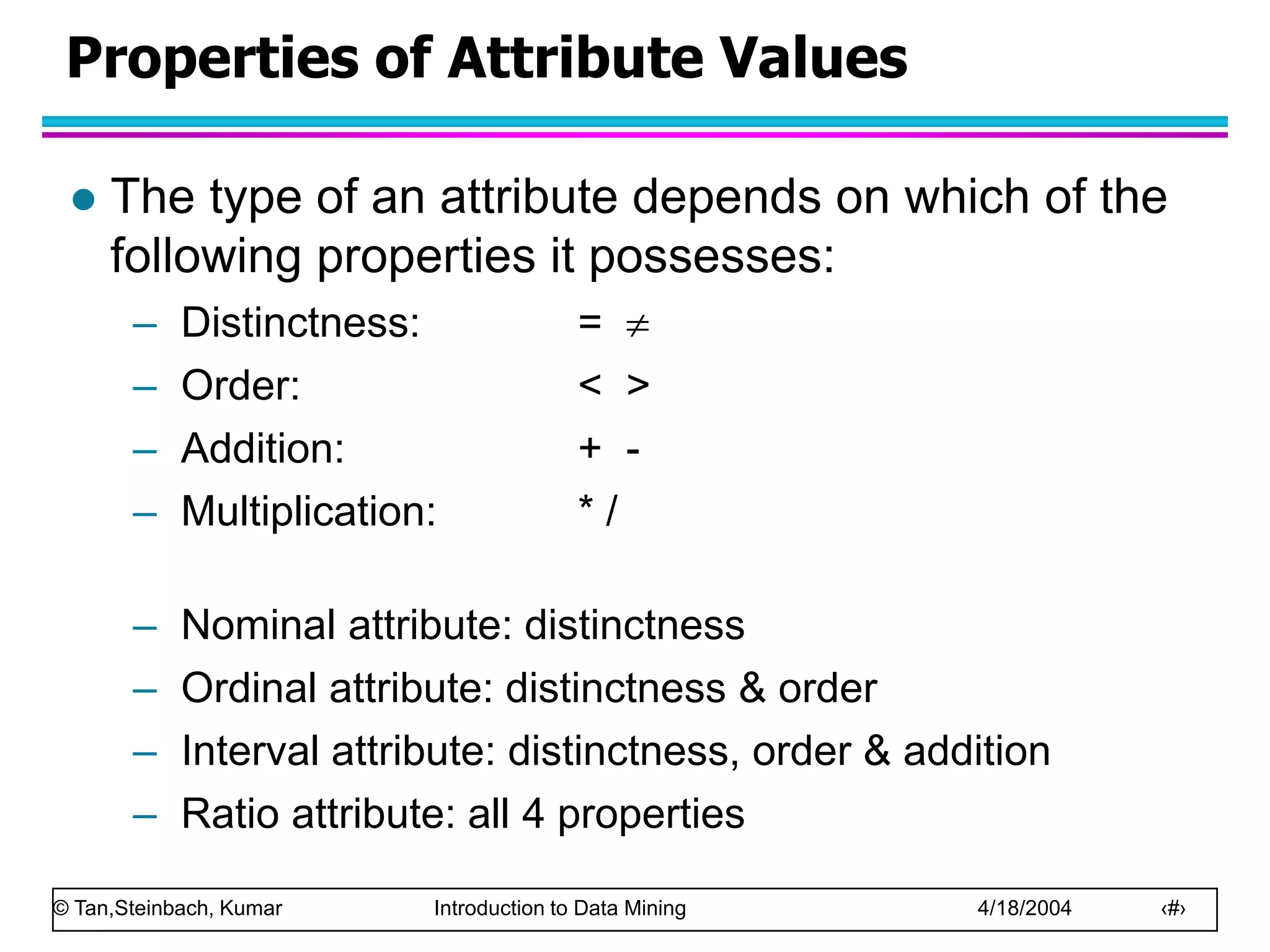 © Tan,Steinbach, Kumar Introduction to Data Mining 4/18/2004 ‹#›
Properties of Attribute Values
 The type of an attribute depends on which of the
following properties it possesses:
– Distinctness: = 
– Order: < >
– Addition: + -
– Multiplication: * /
– Nominal attribute: distinctness
– Ordinal attribute: distinctness & order
– Interval attribute: distinctness, order & addition
– Ratio attribute: all 4 properties
 
