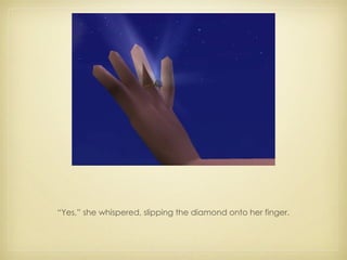 “ Yes,” she whispered, slipping the diamond onto her finger. 