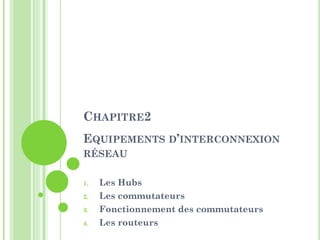 CHAPITRE2
EQUIPEMENTS D’INTERCONNEXION
RÉSEAU
1. Les Hubs
2. Les commutateurs
3. Fonctionnement des commutateurs
4. Les routeurs
 