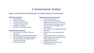 Related to a Company
• Annual Reports
• Chairman’s speeches
• Company’s advertisement
• Company’s house journals
• Company’s executives
• NSE,BSE – the relevant volumes
Related to the environment
• Annual issues of leadingcommercial
periodicals
• CompetitionAct,2002 relatedPublications
• Articles published in leading newspapers,
journals relatedto the industry of the
company under study
• Hindu Annual Review
2. Environmental Analysis
Some useful Sources of Information on Indian Business Environment
Related to the environment (contd.)
• Times of India Directory
• Reserve Bank’s Annual Reports
• Publications of Chamber of Commerce,
trade associations andexport councils
• Commerce Annual onpublic sector
undertakings
• The Economic Scene publishedby TECES
• Data India
• Business India, India Today,Business
World
• Journals like Commerce,Economic &
Political Weekly,Journal of Industry and
Trade,Industrial Times, etc.
• Guidelines to industries
• Newspapers like EconomicTimes,
Financial Express,etc.
12
 