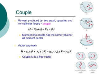 Couple
 Moment produced by two equal, opposite, and
noncollinear forces = couple
 Moment of a couple has the same value for
all moment center
 Vector approach
 Couple M is a free vector
M = F(a+d) – Fa = Fd
M = rA x F + rB x (-F) = (rA - rB) x F = r x F
 