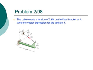 Problem 2/98
 The cable exerts a tension of 2 kN on the fixed bracket at A.
Write the vector expression for the tension T.
 