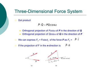  Dot product
 Orthogonal projection of Fcosa of F in the direction of Q
 Orthogonal projection of Qcosa of Q in the direction of F
 We can express Fx = Fcosx of the force F as Fx =
 If the projection of F in the n-direction is
Three-Dimensional Force System
cos
P Q PQ a
 
F i

F n

 