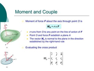  Moment of force F about the axis through point O is
 r runs from O to any point on the line of action of F
 Point O and force F establish a plane A
 The vector Mo is normal to the plane in the direction
established by the right-hand rule
 Evaluating the cross product
Moment and Couple
MO = r x F
ˆ ˆ ˆ
O x y z
x y z
i j k
M r r r
F F F

 