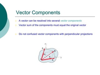 Vector Components
 A vector can be resolved into several vector components
 Vector sum of the components must equal the original vector
 Do not confused vector components with perpendicular projections
 
