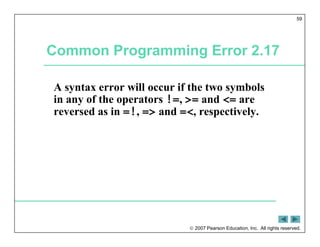  2007 Pearson Education, Inc. All rights reserved.
59
Common Programming Error 2.17
A syntax error will occur if the two symbols
in any of the operators !=, >= and <= are
reversed as in =!, => and =<, respectively.
 