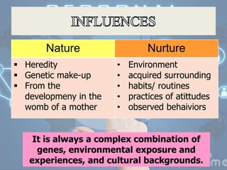 Nature Nurture
 Heredity
 Genetic make-up
 From the
developmeny in the
womb of a mother
• Environment
• acquired surrounding
• habits/ routines
• practices of atittudes
• observed behaiviors
It is always a complex combination of
genes, environmental exposure and
experiences, and cultural backgrounds.
 