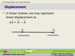 UNIVERSITI PUTRA MALAYSIA
ASP 0501 Introduction to Mechanics
© PUSAT ASASI SAINS PERTANIAN
DisplacementDisplacement
• In linear motion, we may represent
linear displacement as
∆ = −
ur ur ur
f ix x x
2.2 Kinematics of Linear Motion
Initial position Final position
xi xf
 