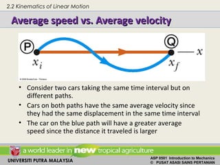 UNIVERSITI PUTRA MALAYSIA
ASP 0501 Introduction to Mechanics
© PUSAT ASASI SAINS PERTANIAN
Average speed vs. Average velocityAverage speed vs. Average velocity
• Consider two cars taking the same time interval but on
different paths.
• Cars on both paths have the same average velocity since
they had the same displacement in the same time interval
• The car on the blue path will have a greater average
speed since the distance it traveled is larger
2.2 Kinematics of Linear Motion
 