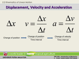 UNIVERSITI PUTRA MALAYSIA
ASP 0501 Introduction to Mechanics
© PUSAT ASASI SAINS PERTANIAN
Displacement, Velocity and AccelerationDisplacement, Velocity and Acceleration
x∆
x∆
t
x
v
∆
∆
=
t
v
a
∆
∆
=
Change of position
Change of position
Time interval
Change of velocity
Time interval
2.2 Kinematics of Linear Motion
 