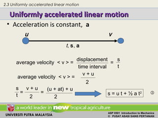 UNIVERSITI PUTRA MALAYSIA
ASP 0501 Introduction to Mechanics
© PUSAT ASASI SAINS PERTANIAN
Uniformly accelerated linear motionUniformly accelerated linear motion
• Acceleration is constant, a
u v
t, s, a
average velocity < v > =
v + u
2
average velocity < v > =
displacement
time interval
=
s
t
s
t
=
v + u
2
=
(u + at) + u
2
s = u t + ½ a t2 ③
2.3 Uniformly accelerated linear motion
 