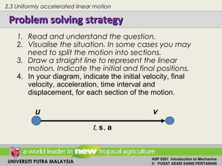 UNIVERSITI PUTRA MALAYSIA
ASP 0501 Introduction to Mechanics
© PUSAT ASASI SAINS PERTANIAN
Problem solving strategyProblem solving strategy
2.3 Uniformly accelerated linear motion
1. Read and understand the question.
2. Visualise the situation. In some cases you may
need to split the motion into sections.
3. Draw a straight line to represent the linear
motion. Indicate the initial and final positions.
4. In your diagram, indicate the initial velocity, final
velocity, acceleration, time interval and
displacement, for each section of the motion.
u v
t, s, a
 