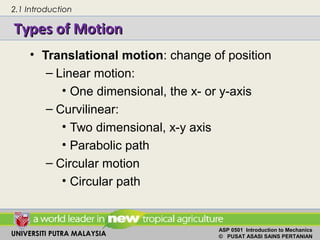UNIVERSITI PUTRA MALAYSIA
ASP 0501 Introduction to Mechanics
© PUSAT ASASI SAINS PERTANIAN
Types of MotionTypes of Motion
• Translational motion: change of position
– Linear motion:
• One dimensional, the x- or y-axis
– Curvilinear:
• Two dimensional, x-y axis
• Parabolic path
– Circular motion
• Circular path
2.1 Introduction
 