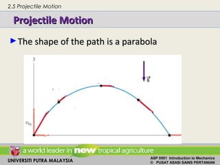 UNIVERSITI PUTRA MALAYSIA
ASP 0501 Introduction to Mechanics
© PUSAT ASASI SAINS PERTANIAN
Projectile MotionProjectile Motion
►The shape of the path is a parabolaThe shape of the path is a parabola
2.5 Projectile Motion
 