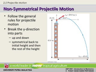 UNIVERSITI PUTRA MALAYSIA
ASP 0501 Introduction to Mechanics
© PUSAT ASASI SAINS PERTANIAN
Non-Symmetrical Projectile MotionNon-Symmetrical Projectile Motion
• Follow the general
rules for projectile
motion
• Break the y-direction
into parts
– up and down
– symmetrical back to
initial height and then
the rest of the height
2.5 Projectile Motion
 