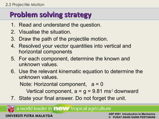 UNIVERSITI PUTRA MALAYSIA
ASP 0501 Introduction to Mechanics
© PUSAT ASASI SAINS PERTANIAN
Problem solving strategyProblem solving strategy
2.5 Projectile Motion
1. Read and understand the question.
2. Visualise the situation.
3. Draw the path of the projectile motion.
4. Resolved your vector quantities into vertical and
horizontal components
5. For each component, determine the known and
unknown values.
6. Use the relevant kinematic equation to determine the
unknown values.
Note: Horizontal component, a = 0
Vertical component, a = g = 9.81 ms-2
downward
7. State your final answer. Do not forget the unit.
 