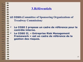 3.Référentiels
LE COSO:(Committee of Sponsoring Organizations of
Treadway Commission)
 Le COSO I propose un cadre de référence pour le
contrôle interne.
 Le COSO II, « Entreprise Risk Management
Framework » est un cadre de référence de la
gestion des risques.
15
 