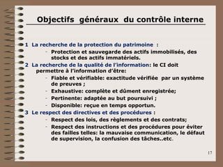 Objectifs généraux du contrôle interne
1 La recherche de la protection du patrimoine :
– Protection et sauvegarde des actifs immobilisés, des
stocks et des actifs immatériels.
2 La recherche de la qualité de l’information: le CI doit
permettre à l’information d’être:
– Fiable et vérifiable: exactitude vérifiée par un système
de preuves ;
– Exhaustive: complète et dûment enregistrée;
– Pertinente: adaptée au but poursuivi ;
– Disponible: reçue en temps opportun.
3 Le respect des directives et des procédures :
– Respect des lois, des règlements et des contrats;
– Respect des instructions et des procédures pour éviter
des failles telles: la mauvaise communication, le défaut
de supervision, la confusion des tâches..etc.
17
 